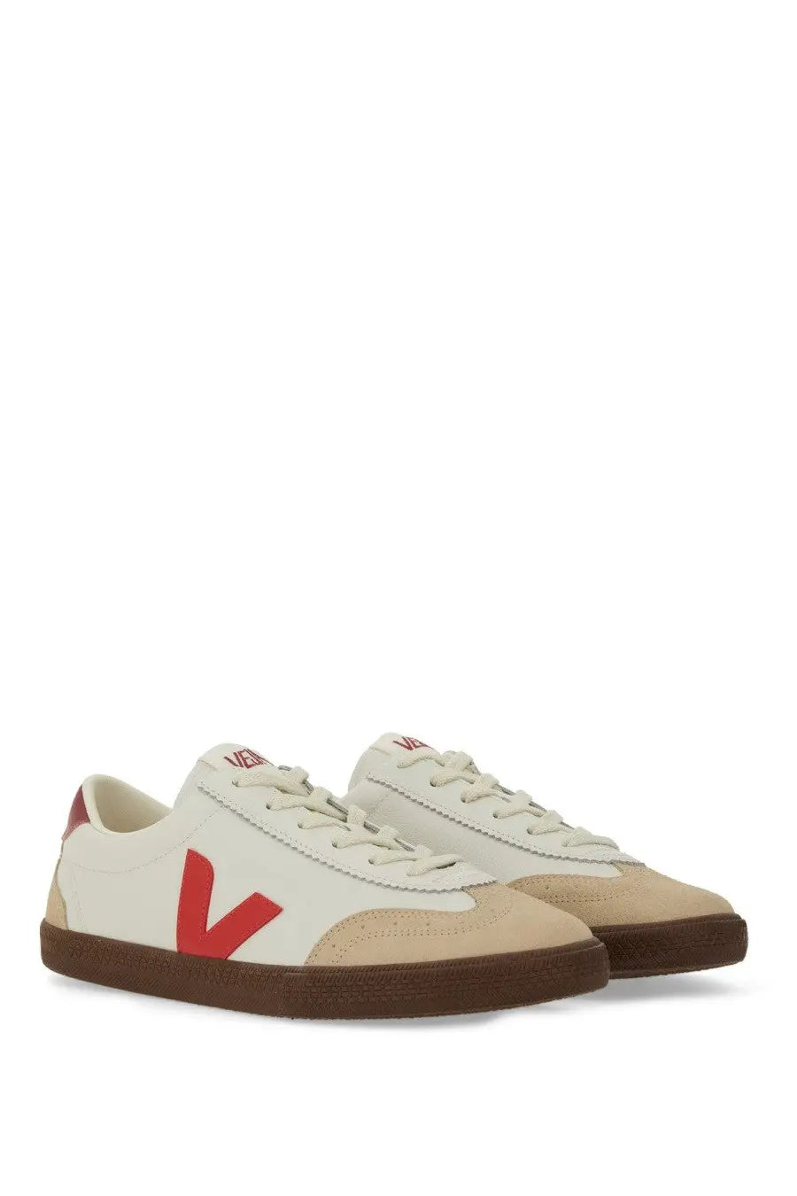 Veja women’s volley sneaker in cream suede and canvas with red v logo and brown rubber soles
