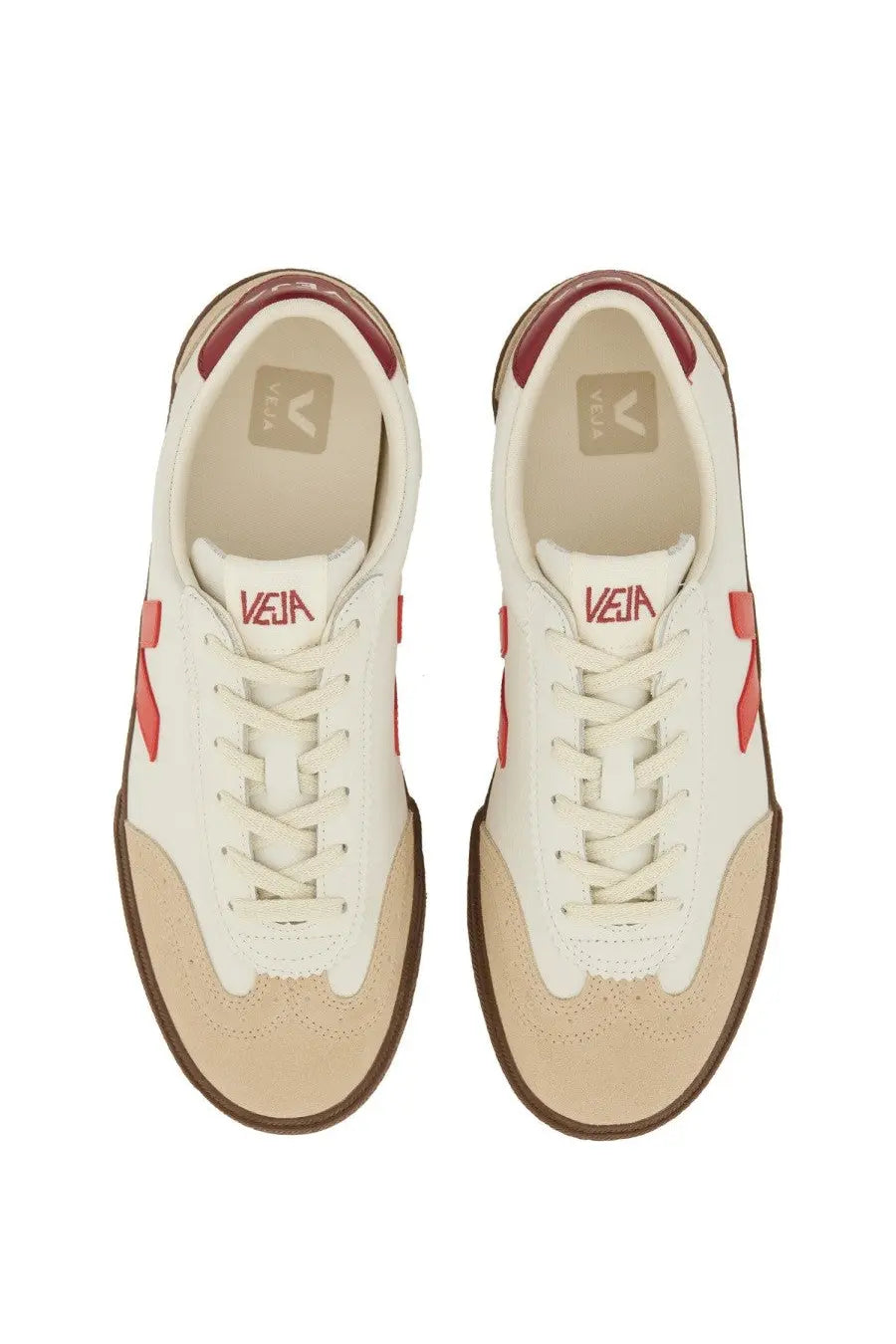 Veja women’s volley sneaker in white and beige with red accents on laces heel tab and side stripes