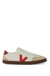 Veja women’s volley sneaker multicolor white and beige suede low-top with red v logo and brown rubber sole