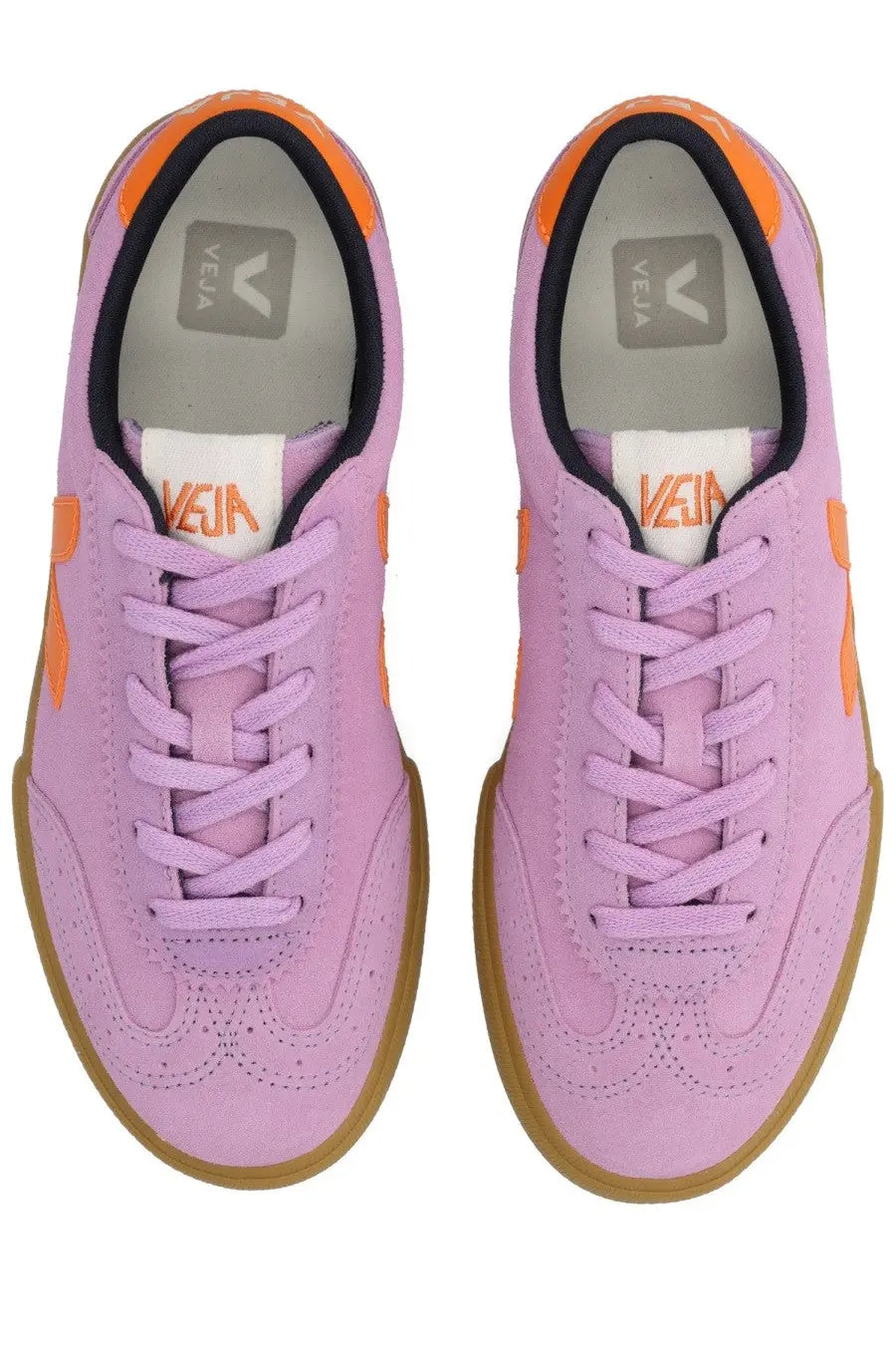 Veja women’s volley sneaker purple lilac suede with orange accents and gum rubber soles