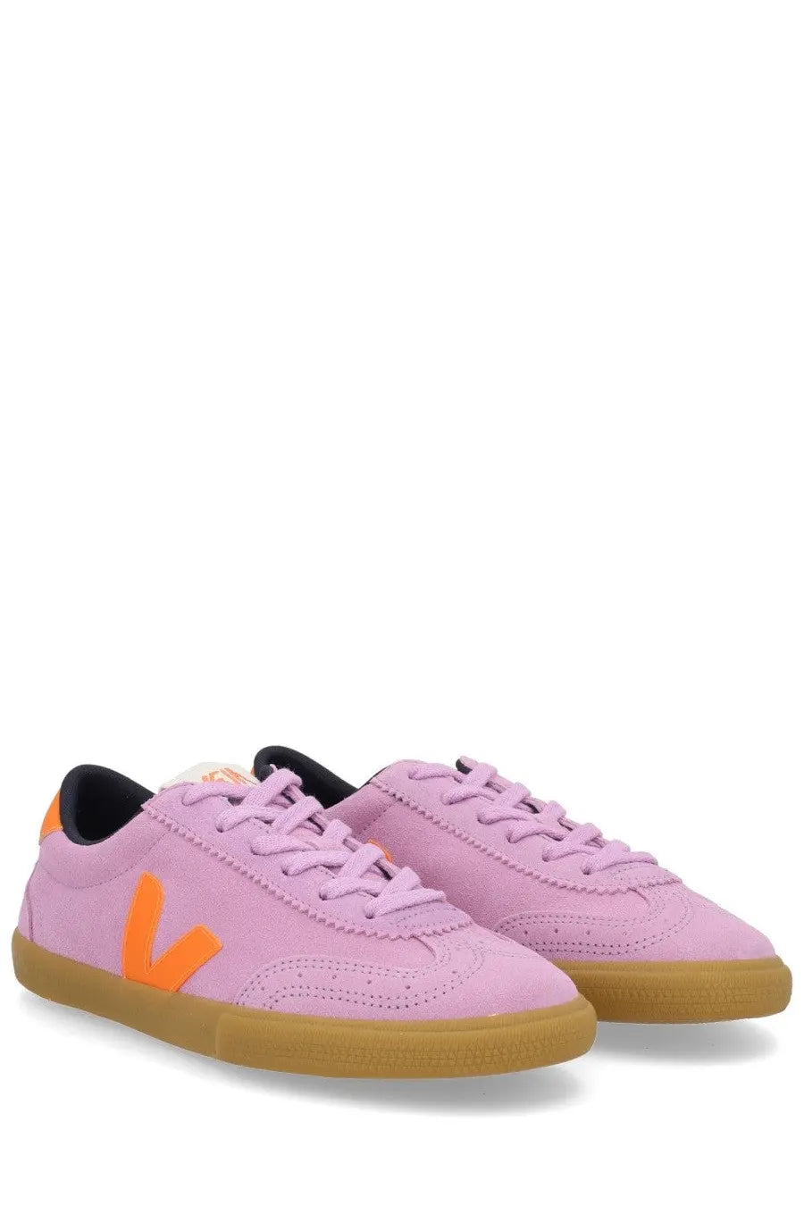 Veja women’s volley sneaker purple pink suede with bright orange v logo and gum-colored rubber soles