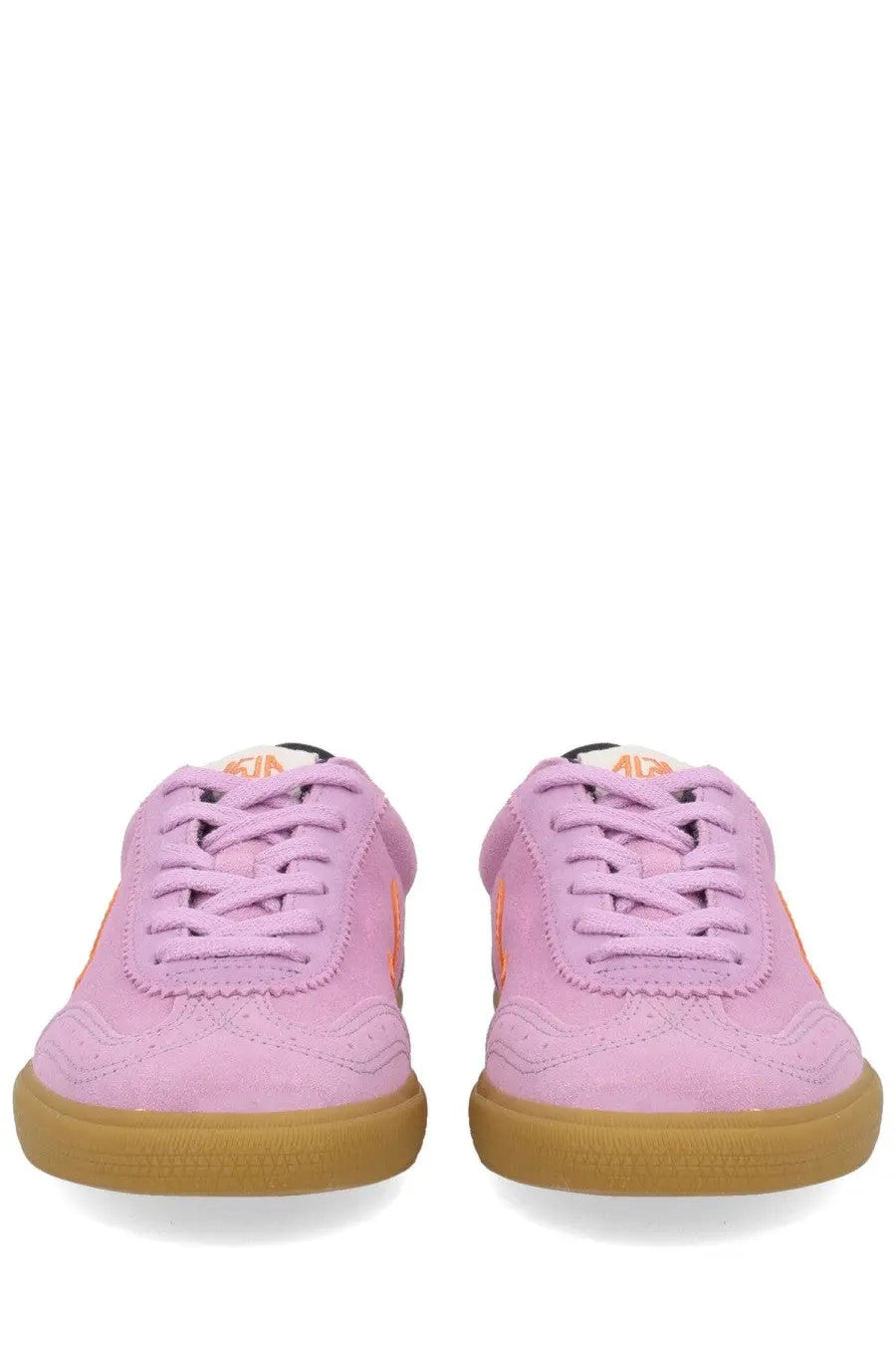 Veja women’s volley sneaker purple pink suede with orange accents and gum rubber sole front view