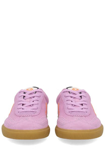 Veja women’s volley sneaker purple pink suede with orange accents and gum rubber sole front view