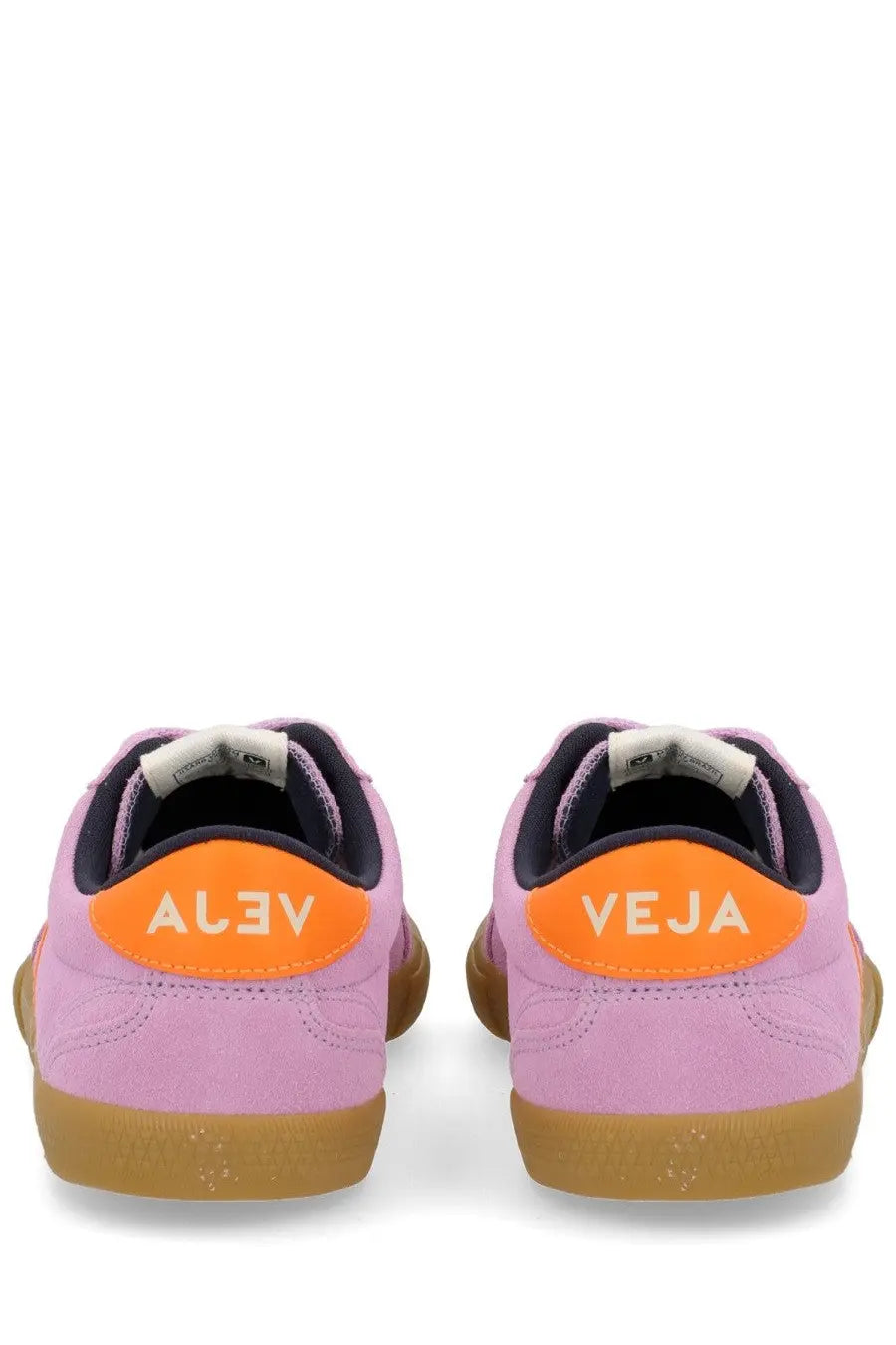 Veja women’s volley sneaker purple pink suede with orange heel tabs and tan rubber soles shown from the back side