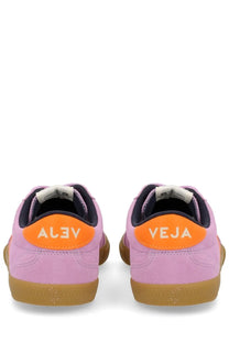 Veja women’s volley sneaker purple pink suede with orange heel tabs and tan rubber soles shown from the back side