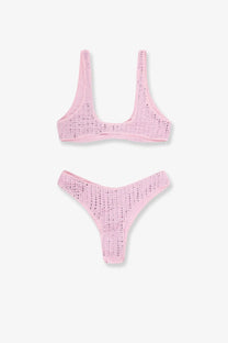 Venuja women’s pink nylon crochet bikini set with delicate openwork pattern featuring strass detailing