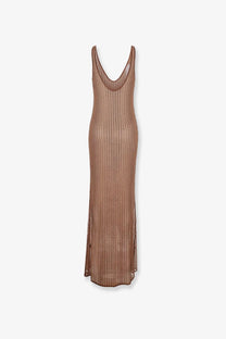 Venuja women’s crystal maxi dress in bronze mesh with sleeveless design deep v-neckline and side slits