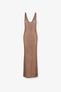 Venuja women’s crystal maxi dress brown is a long sleeveless taupe knit dress with deep v-neckline and ribbed texture