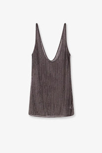Venuja women’s crystal short dress with a shimmering dark gray sequined tank top featuring thin straps and a deep v-neckline