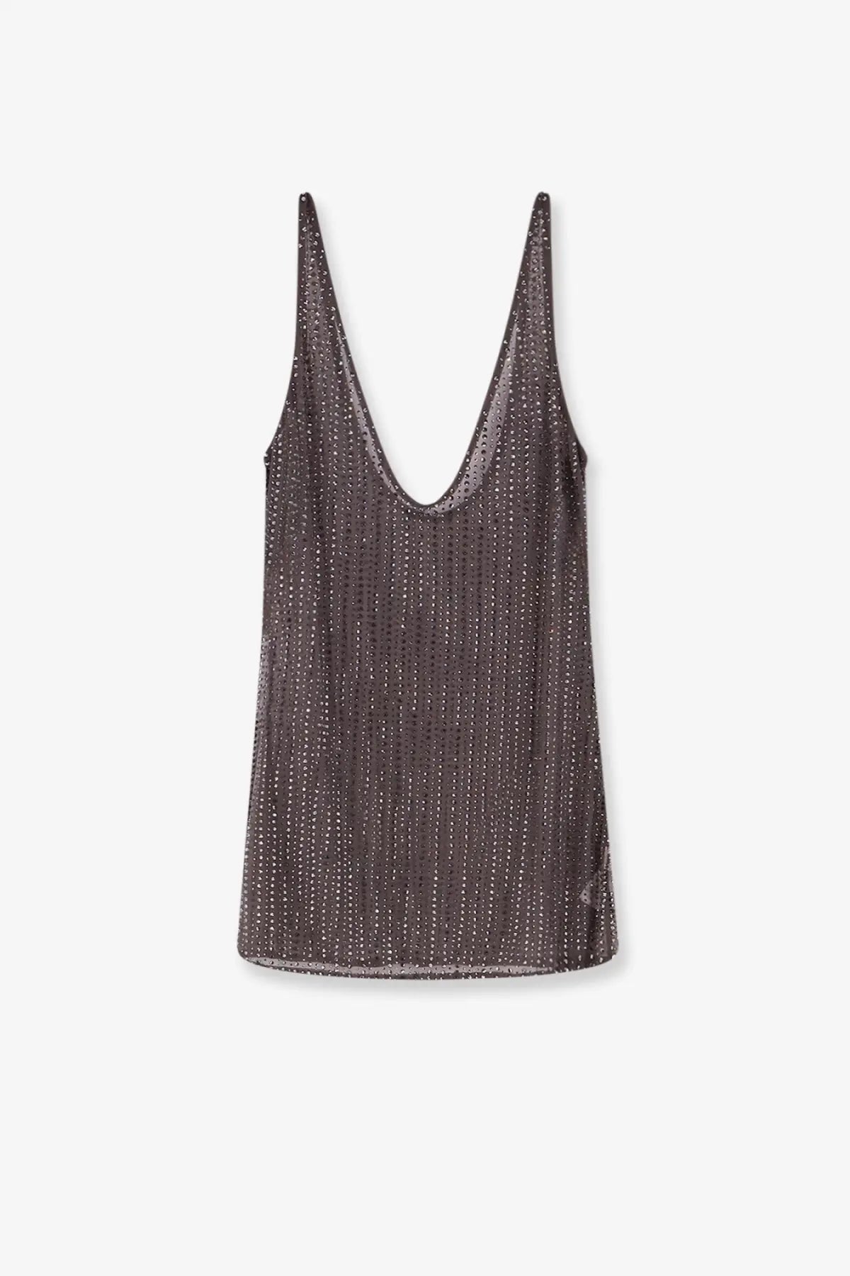 Venuja women’s crystal short dress featuring a shimmering dark gray sequined tank top with thin straps and deep v-neckline