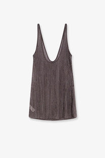 Dark gray sheer mesh tank top with tiny metallic studs from venuja women’s crystal short dress eiffel collection