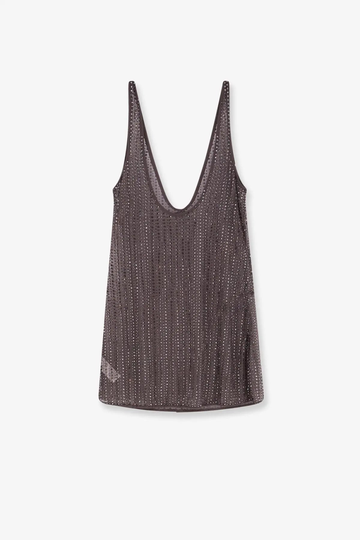 Venuja women’s crystal short dress featuring a dark gray sheer mesh tank top with metallic stud pattern