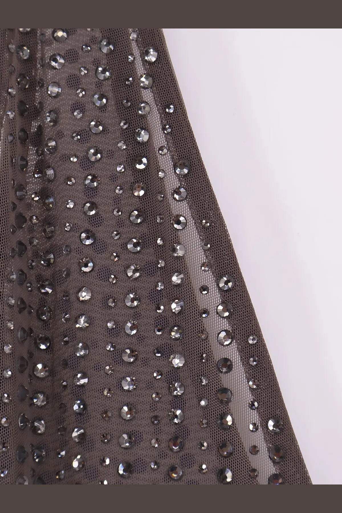 Venuja women’s crystal short dress featuring sheer dark gray mesh fabric with evenly spaced silver rhinestones
