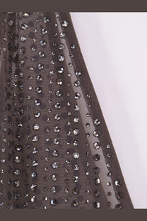 Venuja women’s crystal short dress featuring sheer dark gray mesh fabric with evenly spaced silver rhinestones