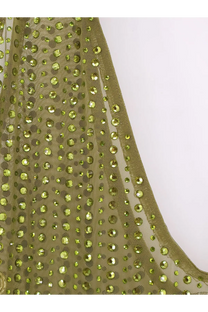 Venuja womens crystal short dress in shimmering olive green mesh fabric with faceted sequins catching the light
