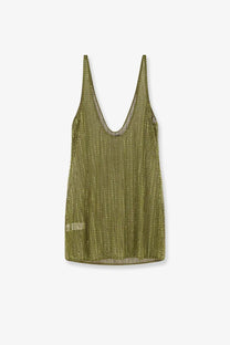 Venuja women’s crystal short dress green featuring an olive green sequined mesh tank top with deep v-neckline and thin straps