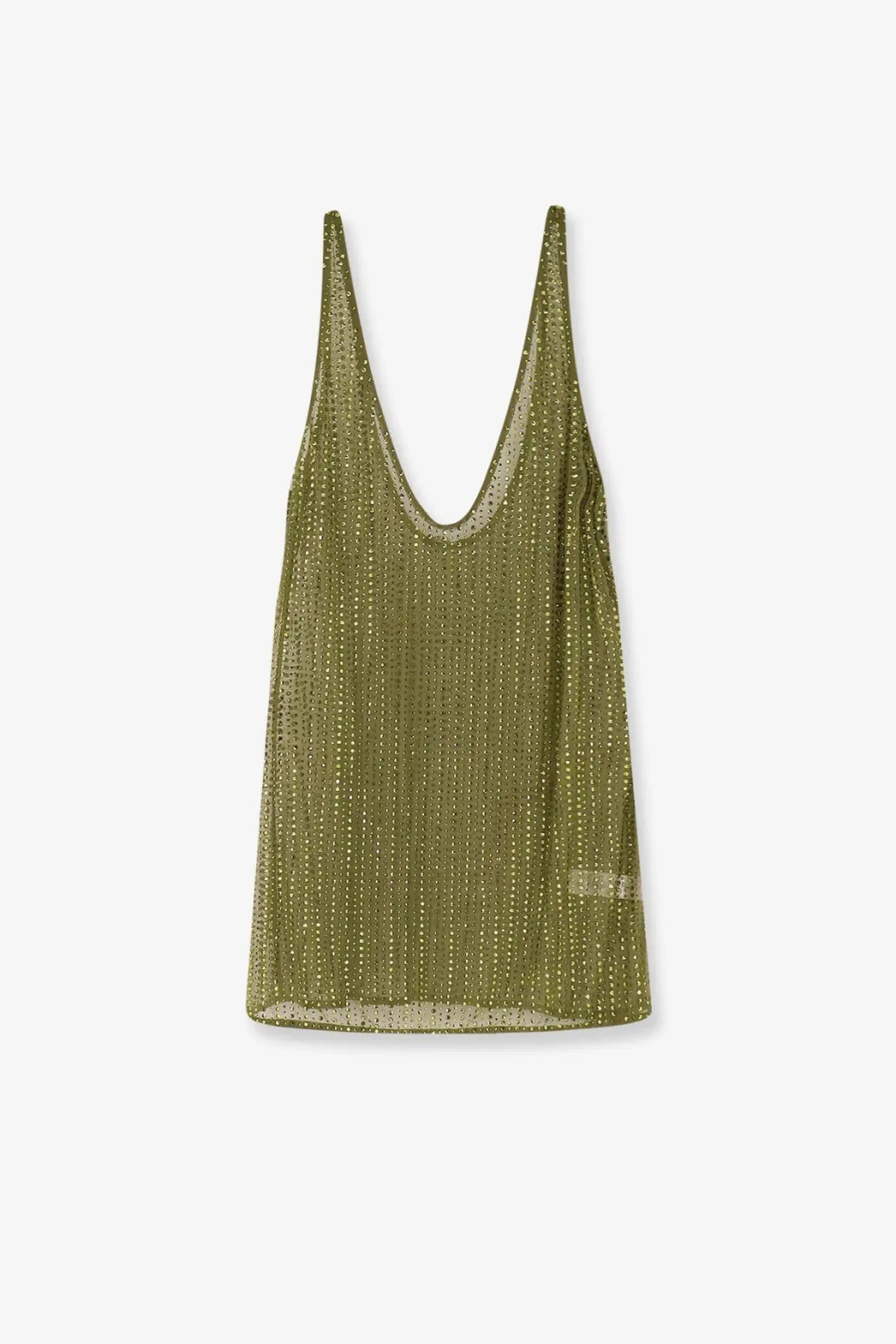 Venuja women’s crystal short dress green featuring olive green sequined mesh tank top with thin straps and deep v neckline