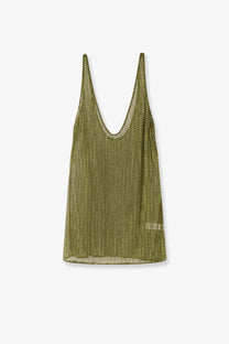 Venuja women’s crystal short dress green featuring an olive green sequined mesh tank top with thin straps and deep v neckline