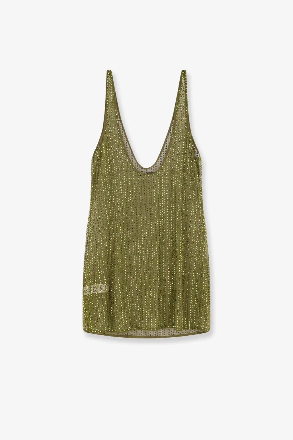 Venuja women’s crystal short dress green olive green sequined mesh tank top with deep v-neckline and thin straps