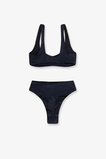 Black high-waisted bikini set by venuja featuring a sleek minimalist design and smooth nylon fabric finish
