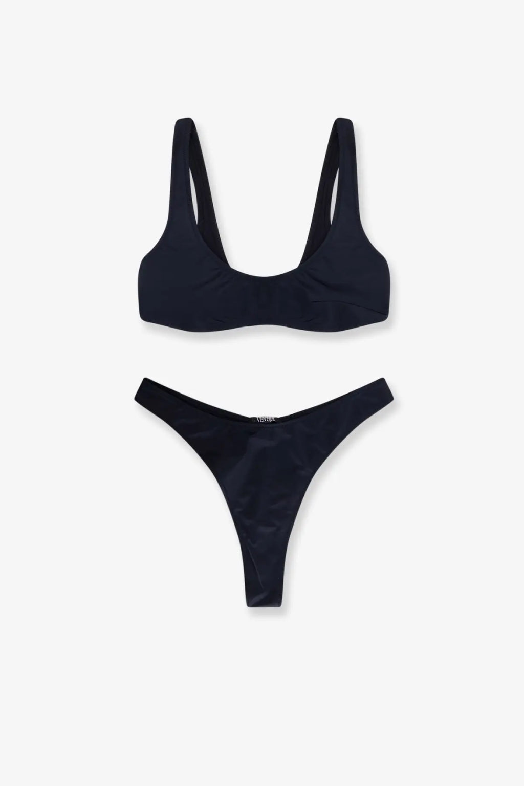 Venuja women’s nylon bikini black minimalist set with sleek form-fitting design and thin straps for swimwear use