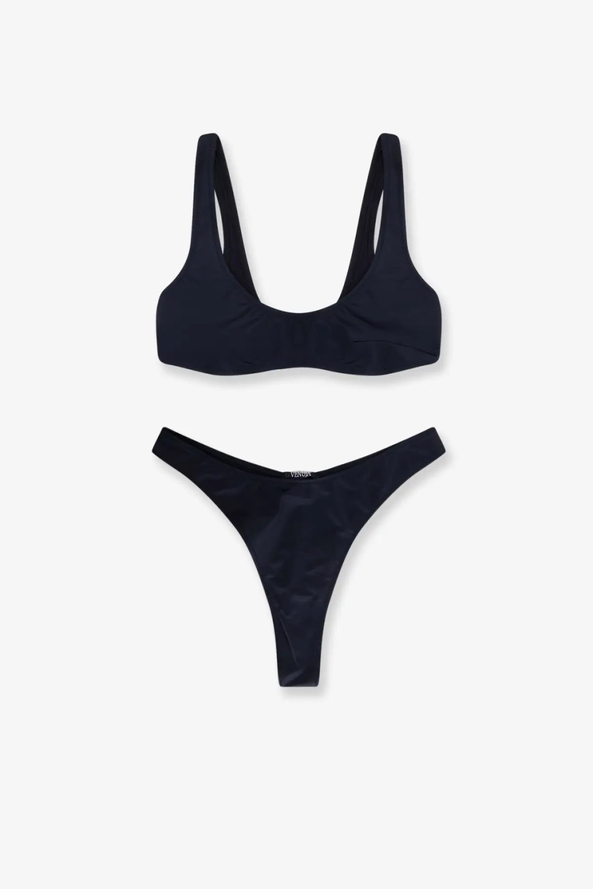 Venuja women’s nylon bikini black minimalist set with sleek form-fitting design and thin straps for swimwear use