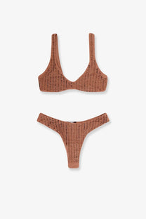 A rust-colored Venuja women’s nylon bikini brown set with textured sequined pattern on top and bottom pieces