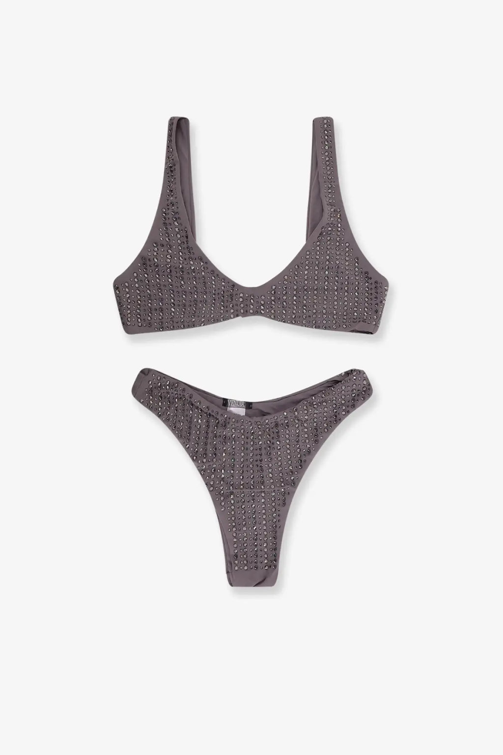 Venuja women’s nylon gray bikini set adorned with sparkling rhinestones on top and bottom pieces