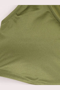 Olive green satin nylon bikini from venuja with fine even stitching along the edges