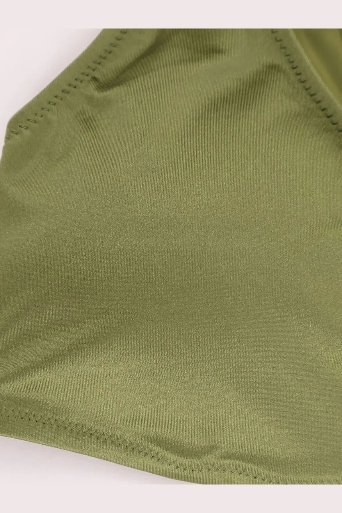 Olive green nylon bikini from venuja women’s collection with satin fabric and fine even stitching along edges