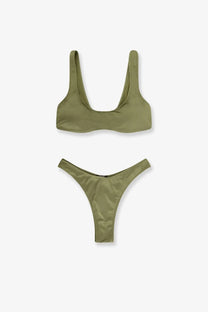 Olive green satin nylon bikini set from venuja women featuring a sleek design perfect for swimwear use