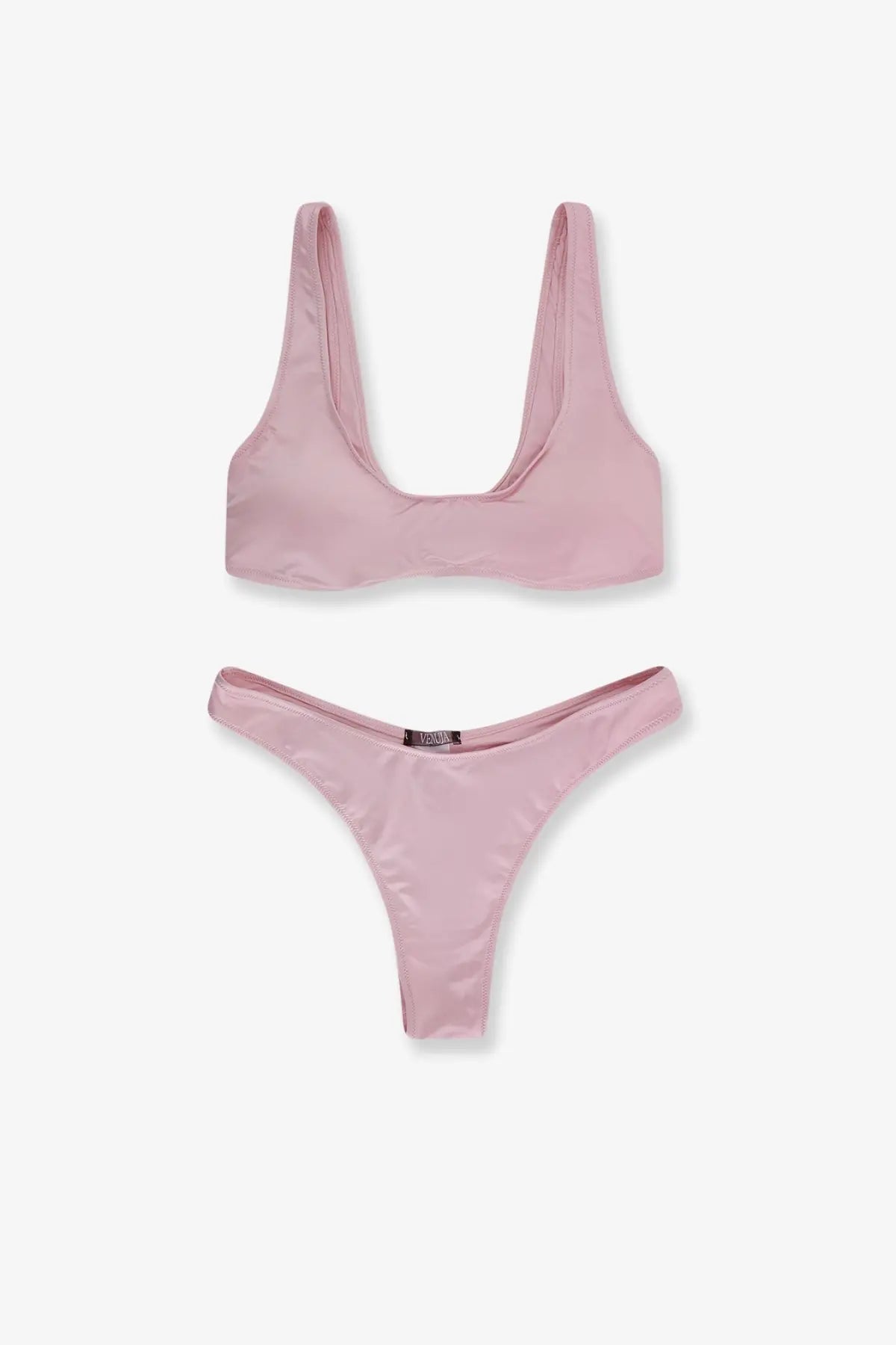 A soft pink satin nylon bikini set with sleek minimalist design from venuja womens nylon bikini pale collection