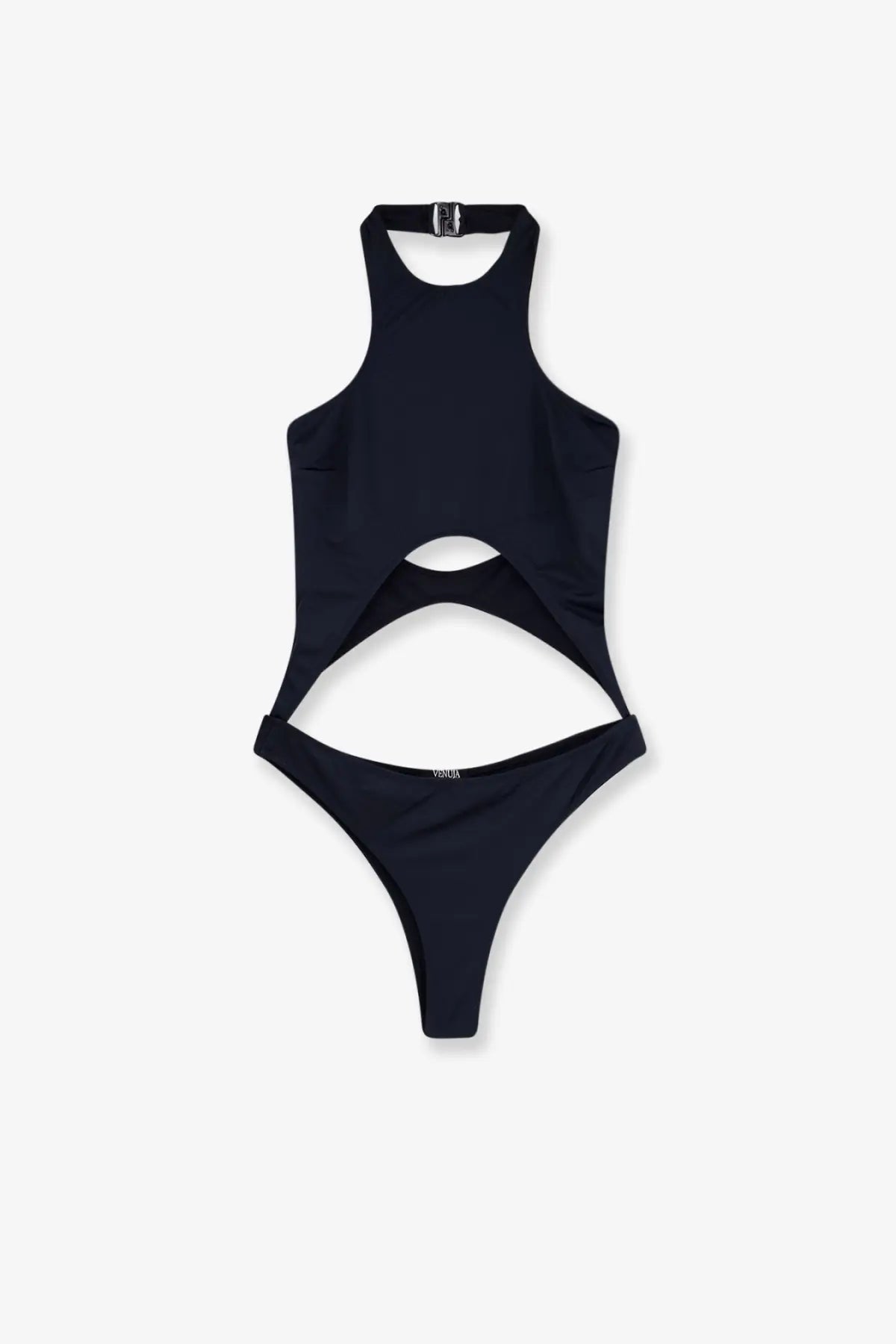 Venuja women’s black nylon one-piece swimsuit with halter neckline and cutout details front view