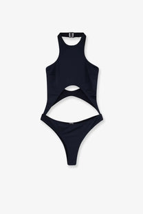 Venuja women’s black nylon one-piece swimsuit with halter neckline and cutout details front view