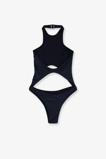 Venuja women’s black nylon one-piece swimsuit with halter neckline and stylish cutout details