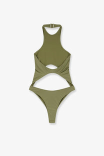 Venuja women’s nylon one-piece swimsuit in olive green with halter neckline and cutout details