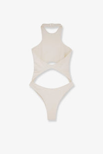 Venuja women’s cream-colored nylon one-piece swimsuit with halter neckline and cutout details white color
