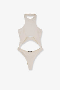 Venuja women’s nylon white one piece swimsuit with high neckline and distinctive waist cutout design
