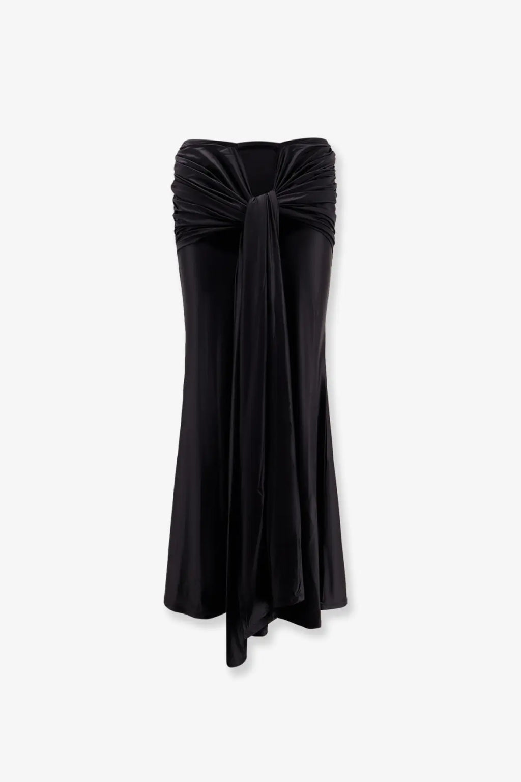Venuja women’s black satin microfiber maxi skirt with draped twisted waistband and asymmetrical hemline
