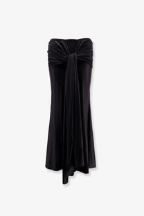 Venuja women’s black satin microfiber maxi skirt with draped twisted waistband and asymmetrical hemline