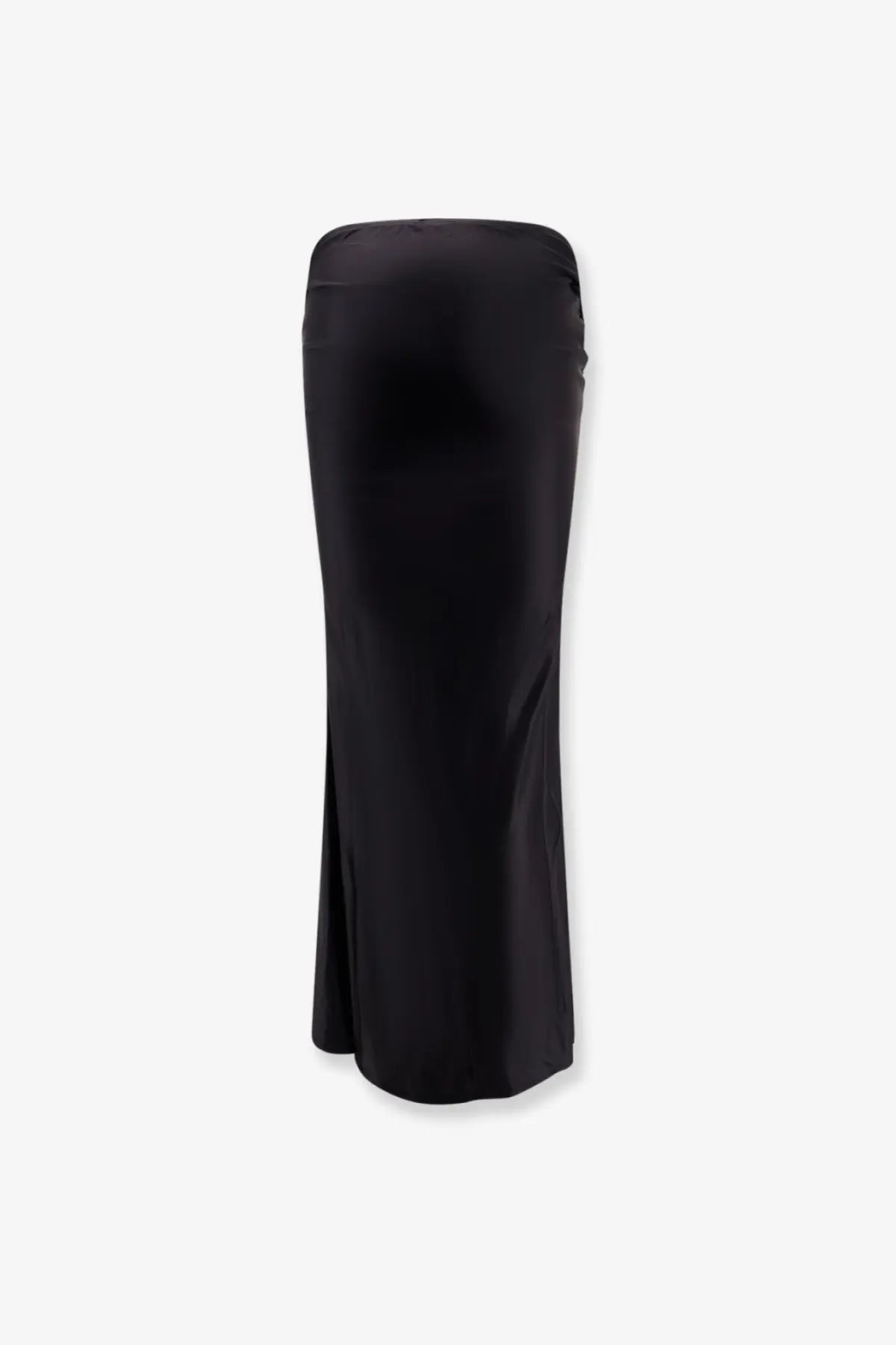 Venuja women’s black satin midi skirt made of shiny microfiber with a sleek flowing silhouette and subtle side slit