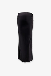 Venuja women’s black satin midi skirt made of shiny microfiber with a sleek flowing silhouette and subtle side slit