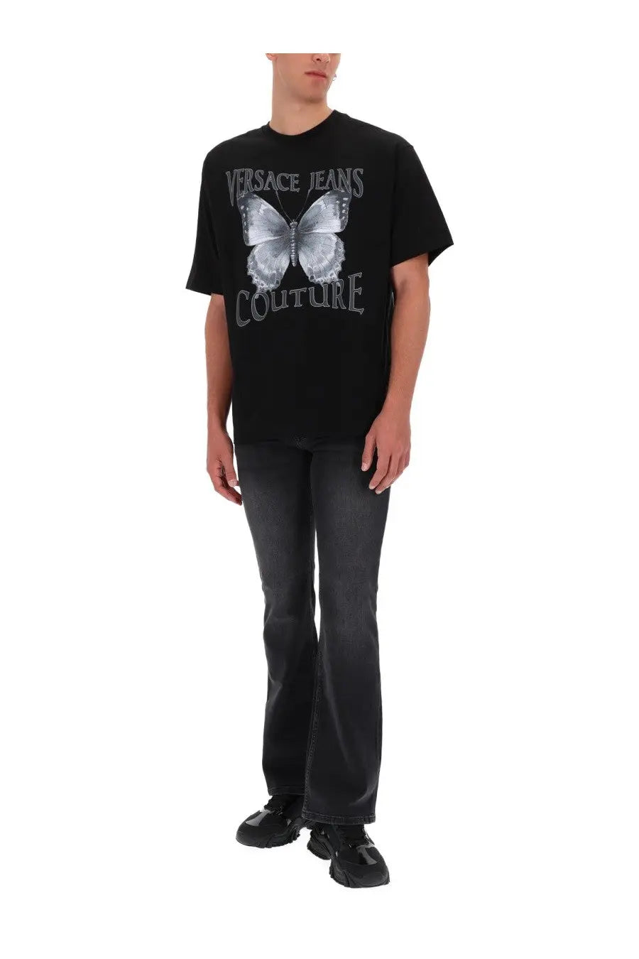 Black versace jeans couture men’s t-shirt with a large silver butterfly graphic and versace logo text