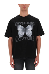 Versace jeans couture men’s black t-shirt featuring a large intricate silver butterfly graphic on the front