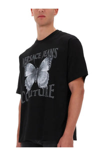 Black versace jeans couture men’s t-shirt with large silver butterfly graphic and bold lettering on black fabric