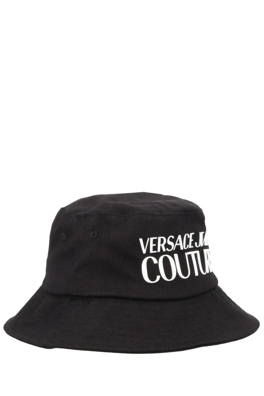 Versace Jeans Couture men’s black canvas bucket hat with bold white embroidered logo on the front