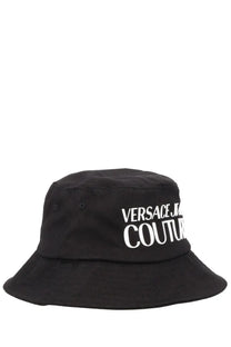 Versace Jeans Couture men’s black canvas bucket hat with bold white logo embroidered across the front
