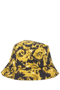 Versace Jeans Couture men’s black and gold bucket hat featuring an ornate baroque pattern in wave print