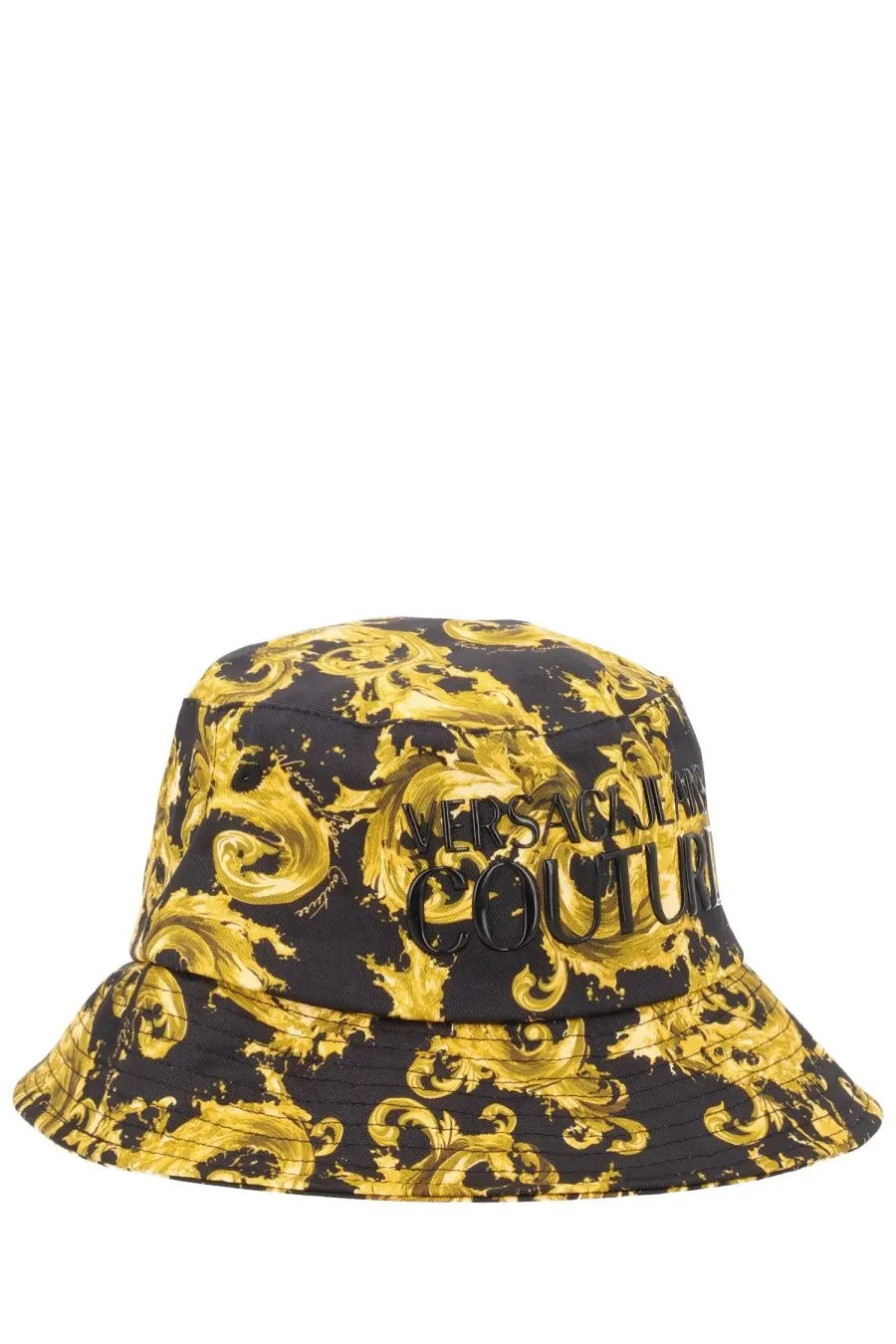 Versace Jeans Couture men’s black and gold bucket hat with ornate baroque pattern and wave print design