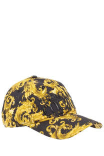 Versace jeans couture men’s black and gold baseball cap with ornate baroque pattern and multicolor print